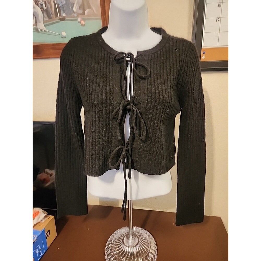 No Boundaries Black Ribbed Tie-Front Cardigan Size M Medium Y2K Coquette Knit